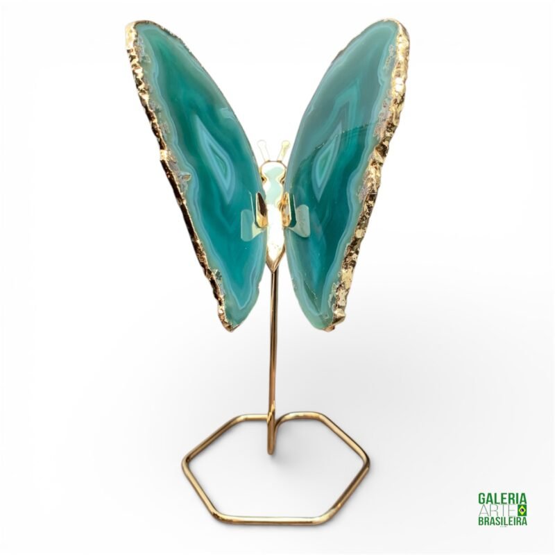 borboleta em pedra agata verde com base dourada